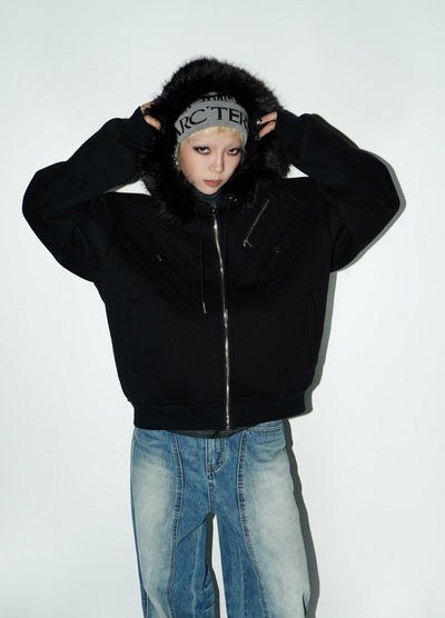 【MICHINNYON】Faux fur short silhouette sweatshirt style hoodie jacket  MY0014