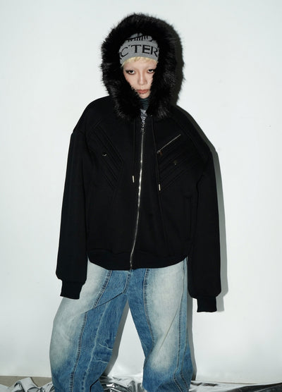 【MICHINNYON】Faux fur short silhouette sweatshirt style hoodie jacket  MY0014