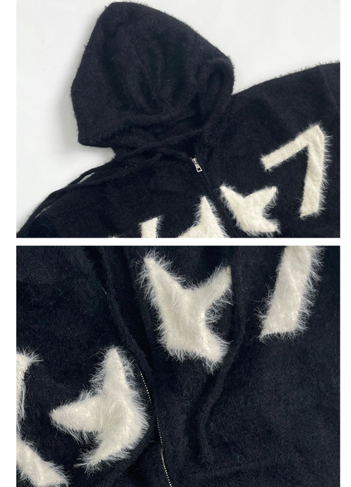 【MICHINNYON】Mohair-like fabric design front star point full zip hoodie  MY0018