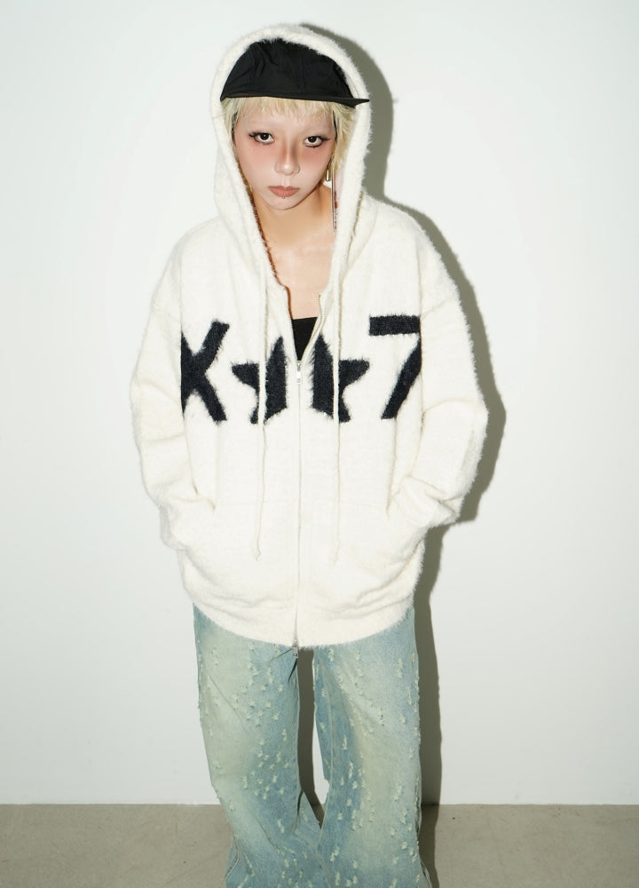 【MICHINNYON】Mohair-like fabric design front star point full zip hoodie  MY0018