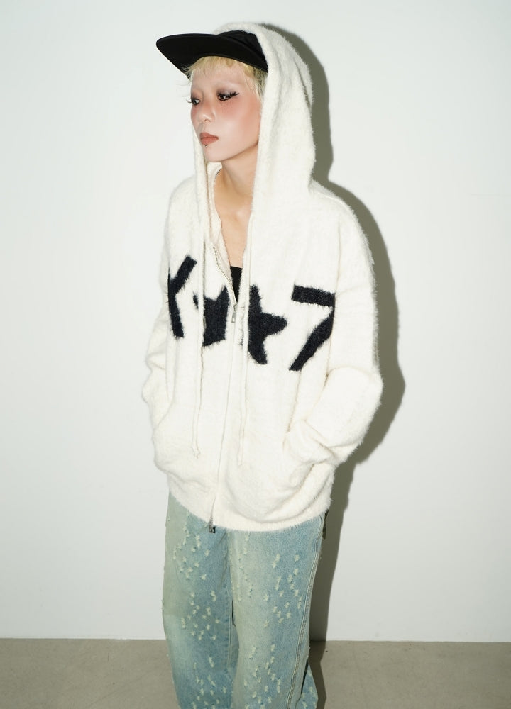 【MICHINNYON】Mohair-like fabric design front star point full zip hoodie  MY0018