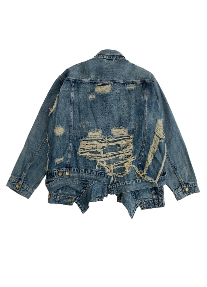 【MICHINNYON】Devil countless damage processing wide over belted denim jacket  MY0021