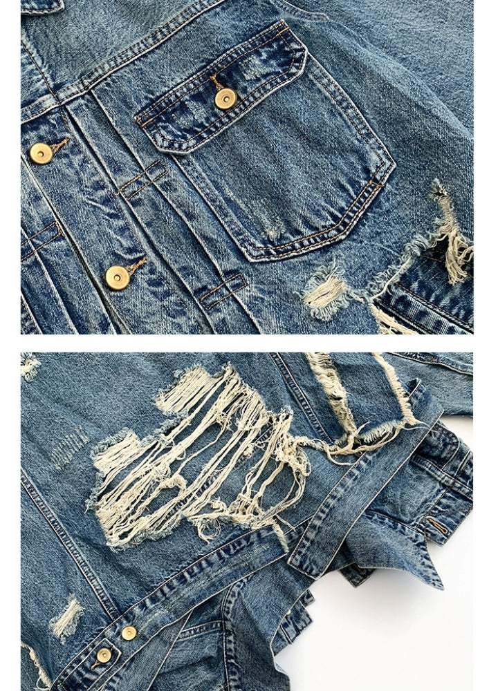 【MICHINNYON】Devil countless damage processing wide over belted denim jacket  MY0021