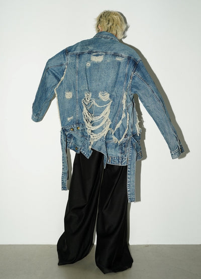 【MICHINNYON】Devil countless damage processing wide over belted denim jacket  MY0021