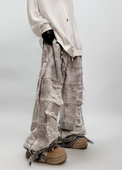 【UUCSCC】Vintage dull color random distressed wide denim pants  US0073