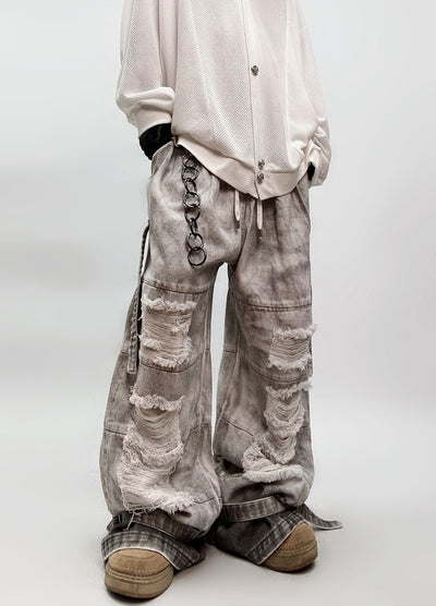 【UUCSCC】Vintage dull color random distressed wide denim pants  US0073