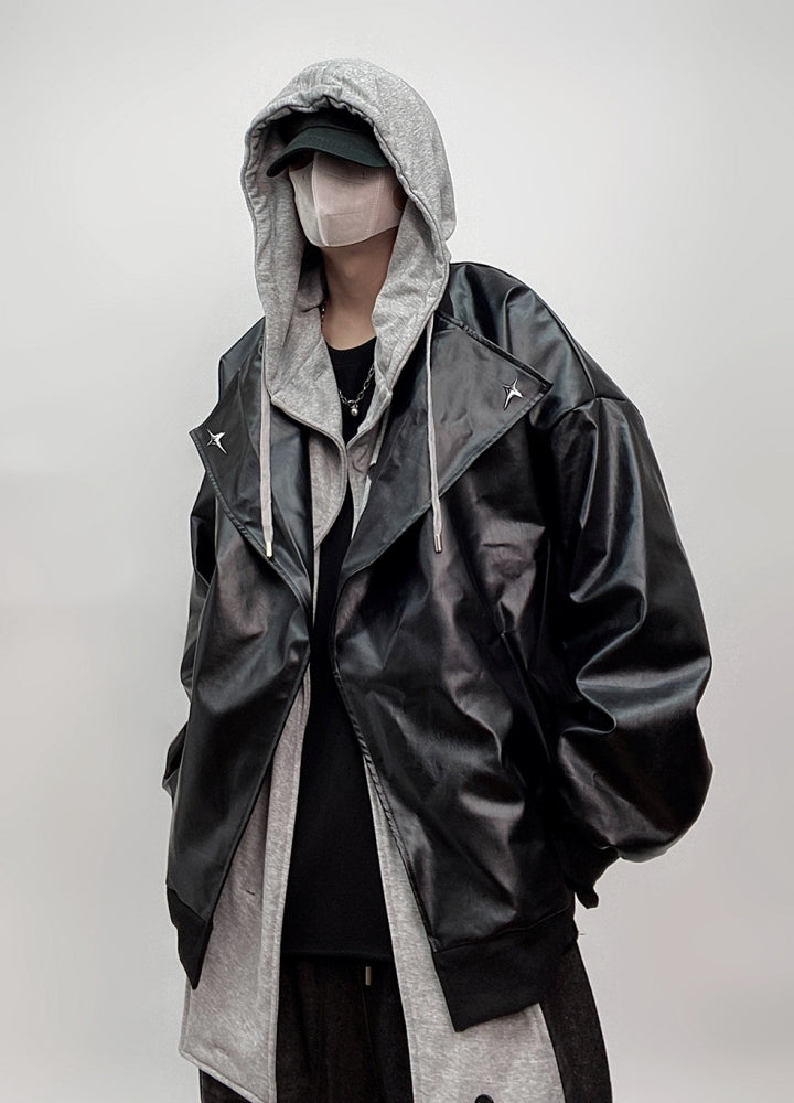 【UUCSCC】Wide over silhouette logo point silver leather jacket  US0074