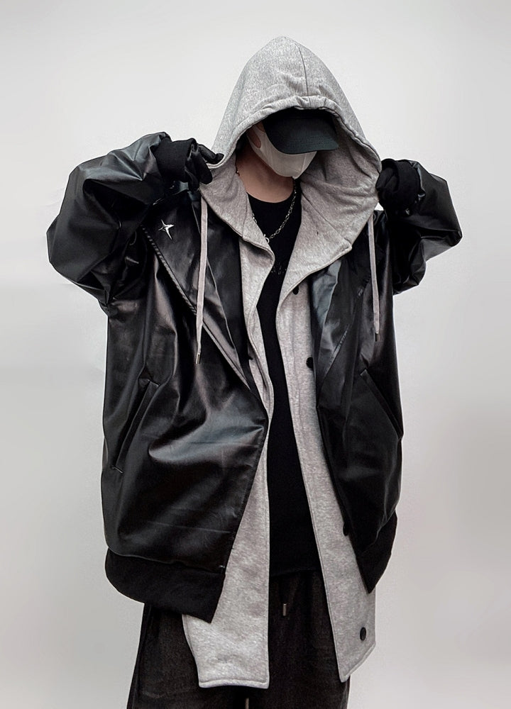 【UUCSCC】Wide over silhouette logo point silver leather jacket  US0074