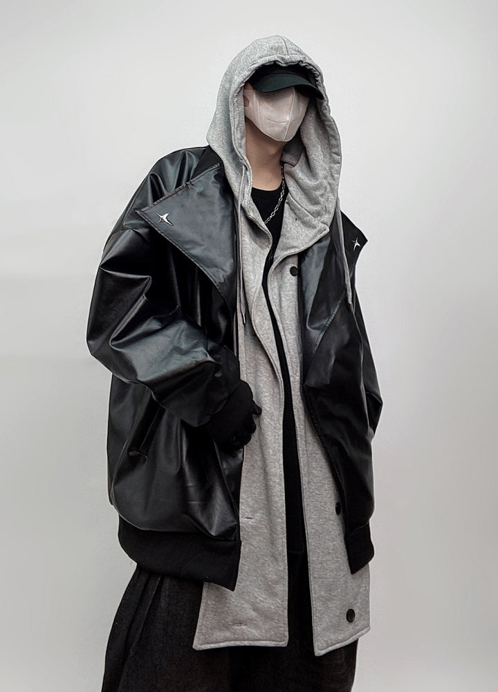 【UUCSCC】Wide over silhouette logo point silver leather jacket  US0074