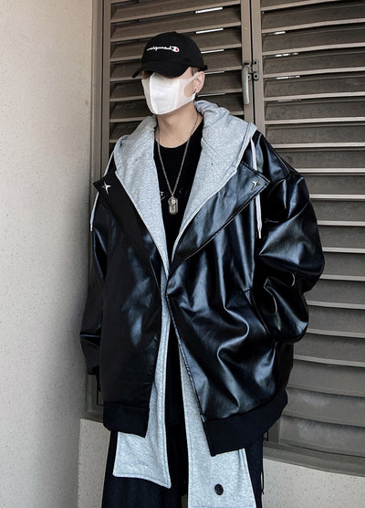 【UUCSCC】Wide over silhouette logo point silver leather jacket  US0074