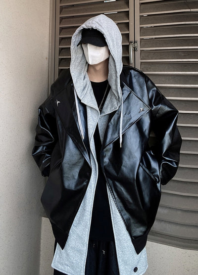 【UUCSCC】Wide over silhouette logo point silver leather jacket  US0074