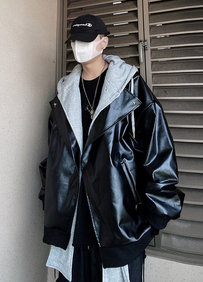 【UUCSCC】Wide over silhouette logo point silver leather jacket  US0074