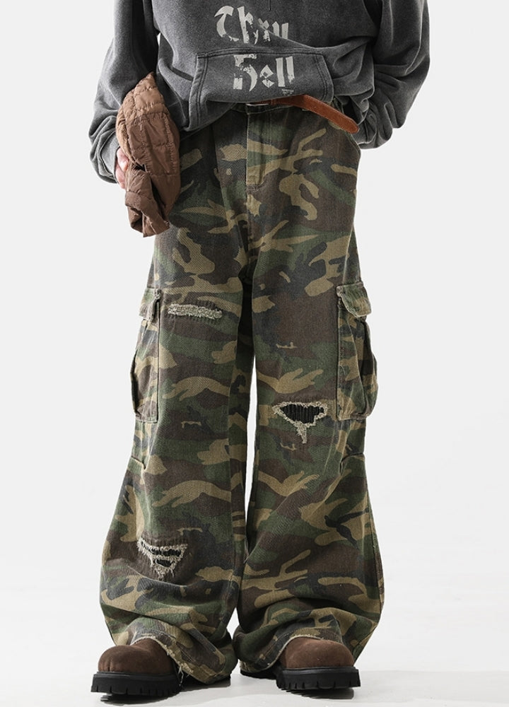 【ACRARDIC】Grunge camo style wide straight damaged cargo pants  AI0027