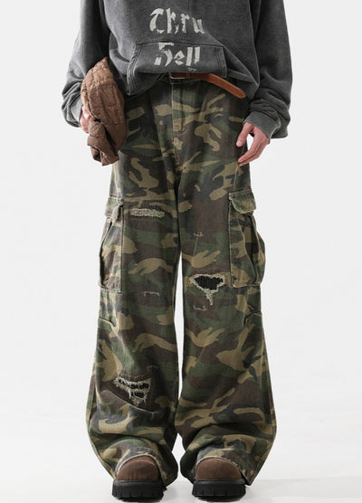 【ACRARDIC】Grunge camo style wide straight damaged cargo pants  AI0027