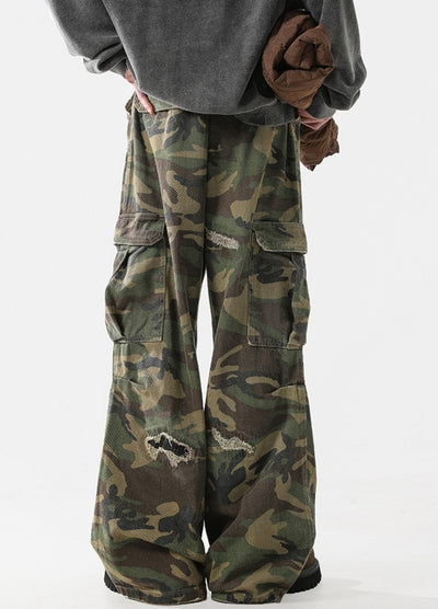 【ACRARDIC】Grunge camo style wide straight damaged cargo pants  AI0027