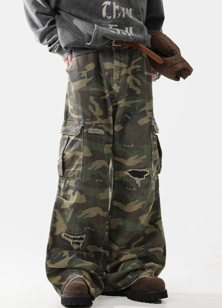 【ACRARDIC】Grunge camo style wide straight damaged cargo pants  AI0027