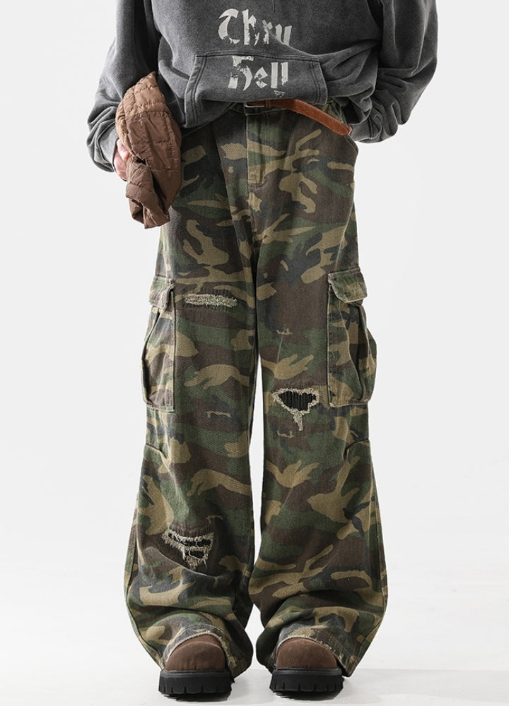 【ACRARDIC】Grunge camo style wide straight damaged cargo pants  AI0027