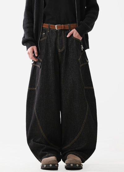 【ACRARDIC】Balloon wide silhouette stitch line design denim pants  AI0033