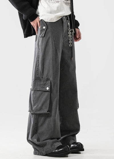 【ACRARDIC】Wide straight silhouette side line slim cargo denim pants  AI0035