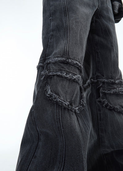 【Culture E】Knee Damage Line Wash Black Denim Pants  CE0162