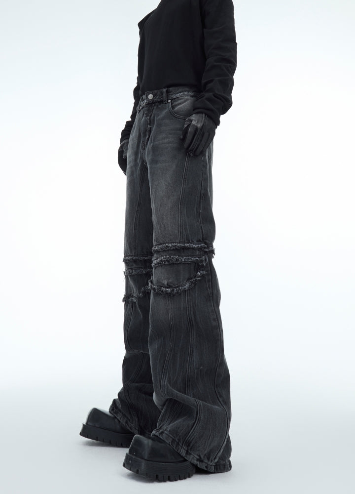 【Culture E】Knee Damage Line Wash Black Denim Pants  CE0162