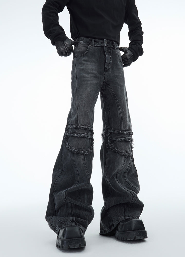 【Culture E】Knee Damage Line Wash Black Denim Pants  CE0162