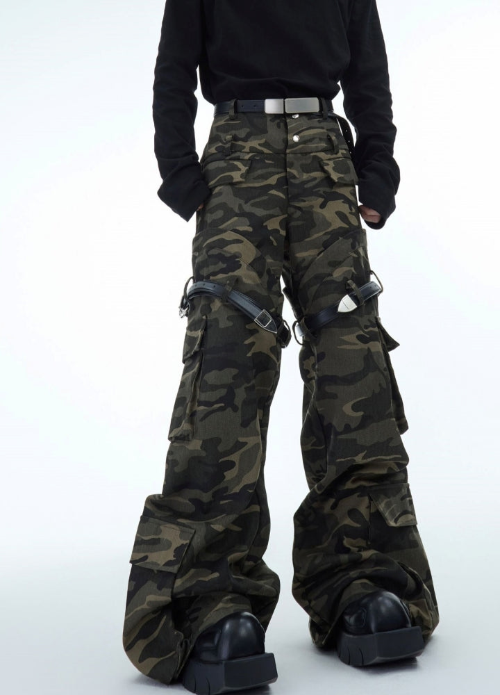 【Culture E】Wide silhouette double belt plus gimmick camouflage cargo pants  CE0164