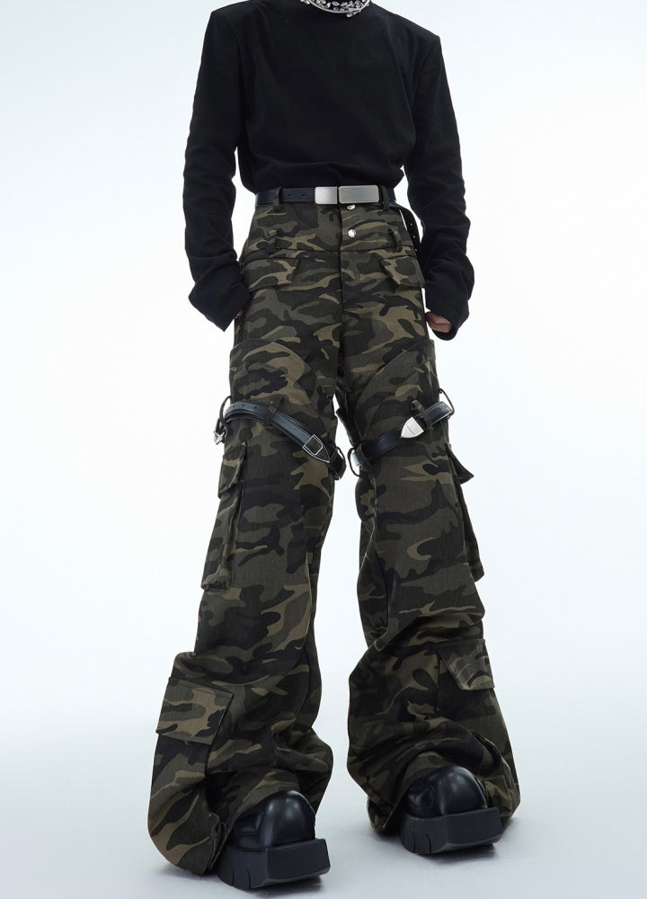 【Culture E】Wide silhouette double belt plus gimmick camouflage cargo pants  CE0164