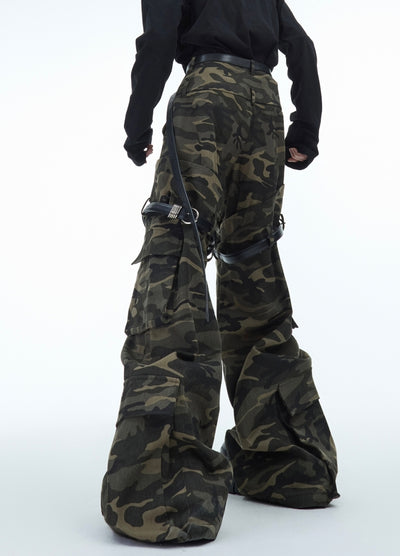 【Culture E】Wide silhouette double belt plus gimmick camouflage cargo pants  CE0164