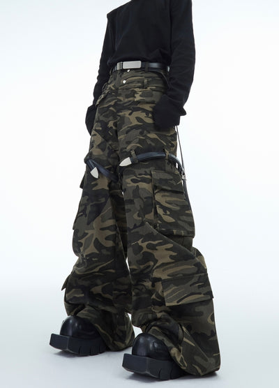 【Culture E】Wide silhouette double belt plus gimmick camouflage cargo pants  CE0164