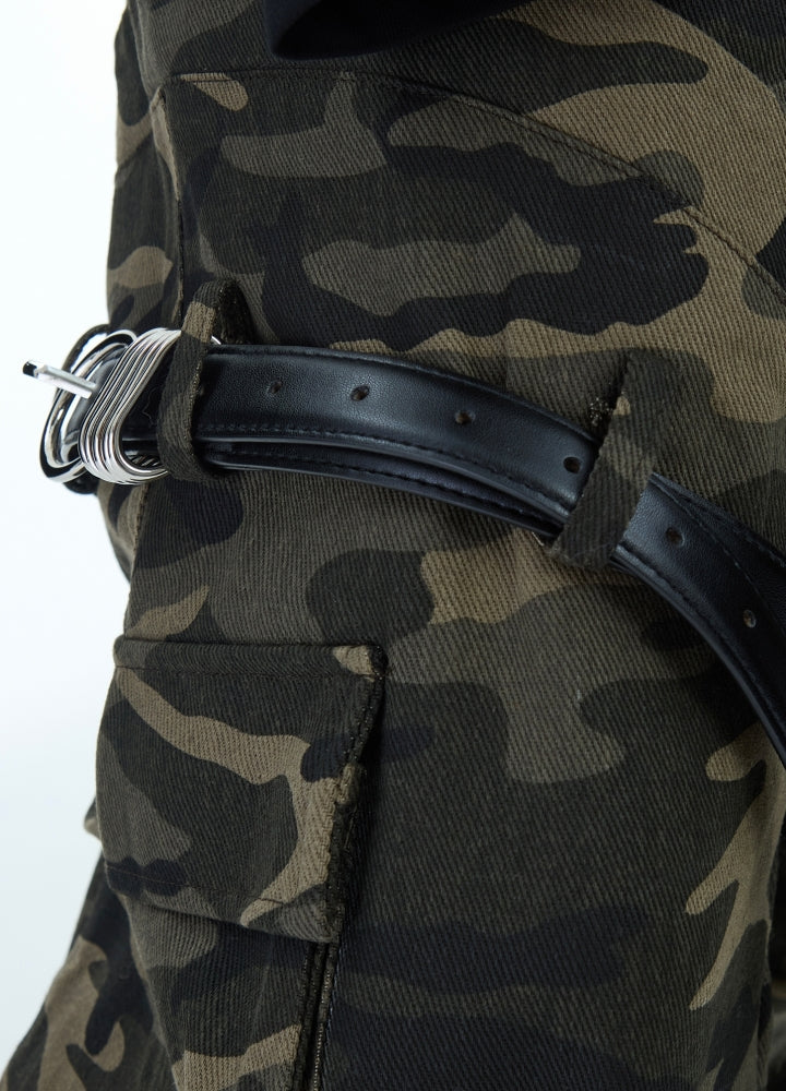 【Culture E】Wide silhouette double belt plus gimmick camouflage cargo pants  CE0164