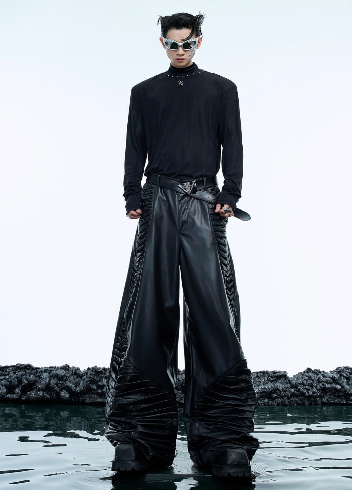 【Culture E】Gimmick design wide silhouette leather pants  CE0168