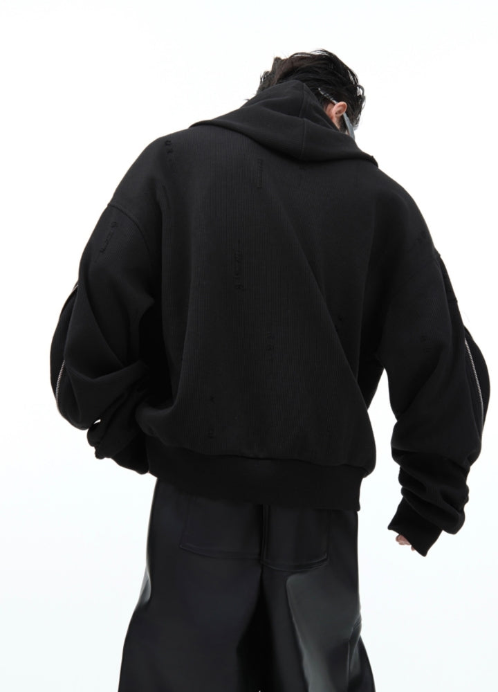 【Culture E】Floral style zipper multi black overdesign hoodie  CE0171