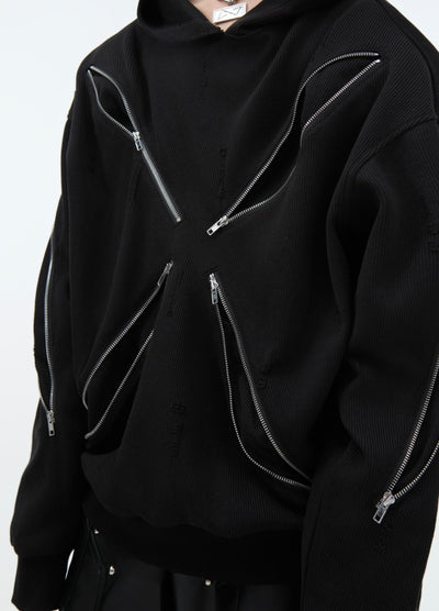 【Culture E】Floral style zipper multi black overdesign hoodie  CE0171