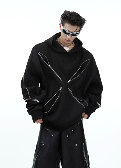 【Culture E】Floral style zipper multi black overdesign hoodie  CE0171