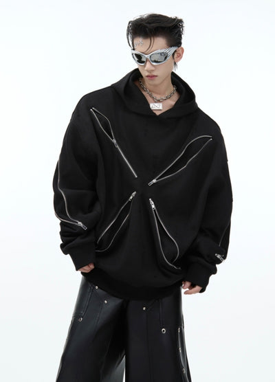 【Culture E】Floral style zipper multi black overdesign hoodie  CE0171