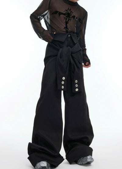 【Culture E】Layered style black over-wide pants  CE0172