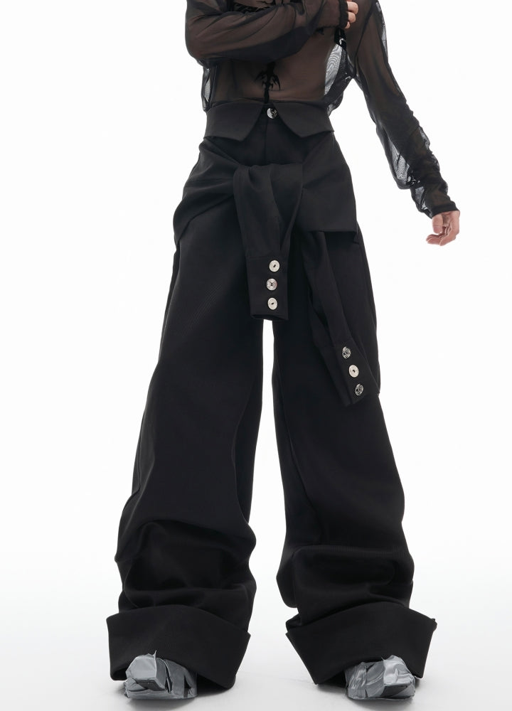 【Culture E】Layered style black over-wide pants  CE0172