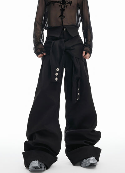 【Culture E】Layered style black over-wide pants  CE0172