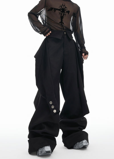 【Culture E】Layered style black over-wide pants  CE0172