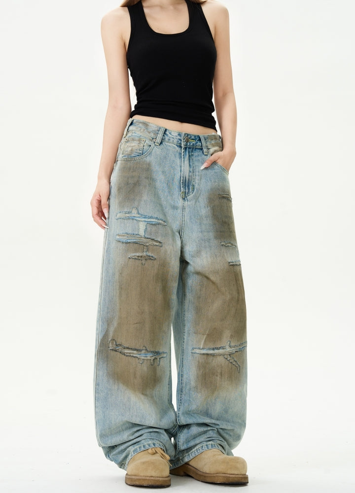 【MAXDSTR】Muddy design grunge style denim wide pants  MD0187