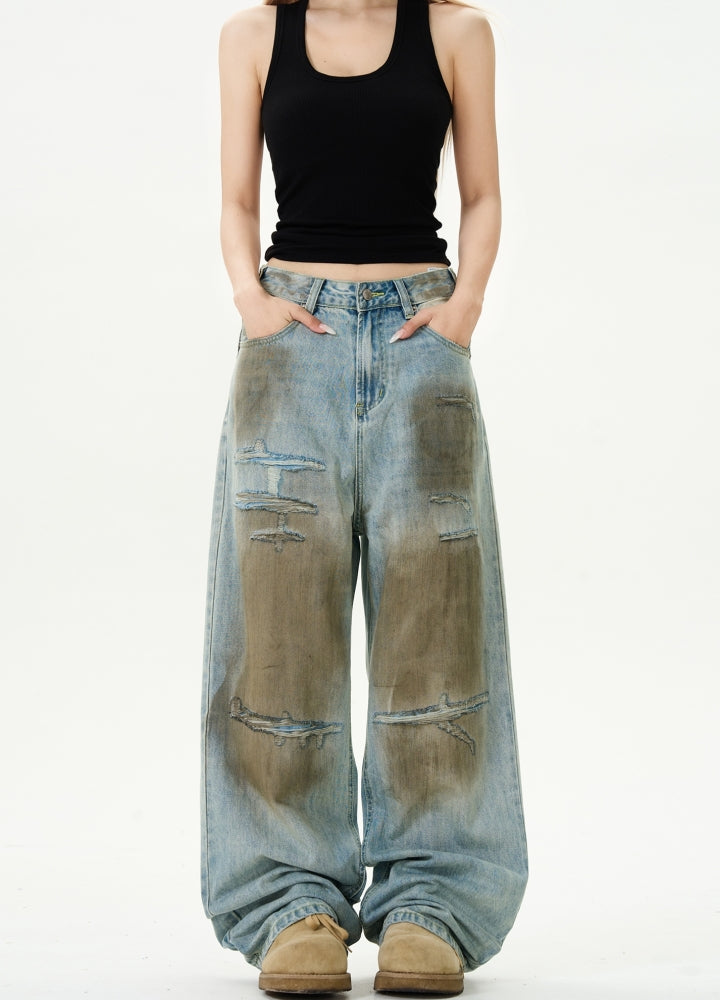 【MAXDSTR】Muddy design grunge style denim wide pants  MD0187