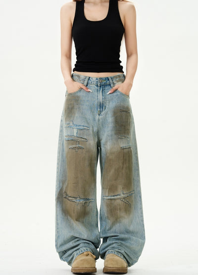 【MAXDSTR】Muddy design grunge style denim wide pants  MD0187