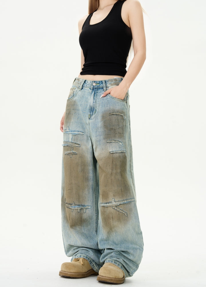 【MAXDSTR】Muddy design grunge style denim wide pants  MD0187