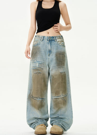 【MAXDSTR】Muddy design grunge style denim wide pants  MD0187