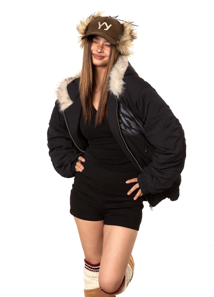 【BLACK BB】Fur hoodie design Y2K wiper style jacket  BK0059