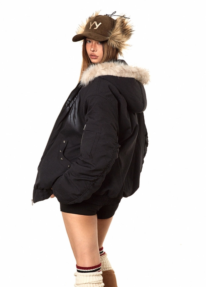 【BLACK BB】Fur hoodie design Y2K wiper style jacket  BK0059