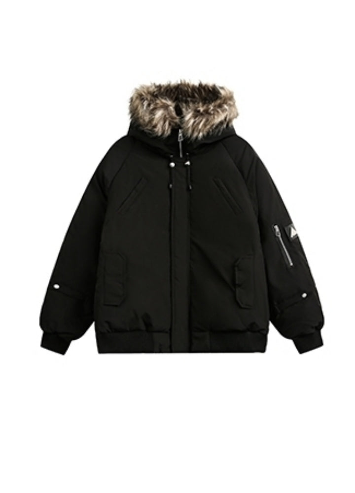 BLACK BB】Fur hoodie design gimmick zipper silhouette jacket 