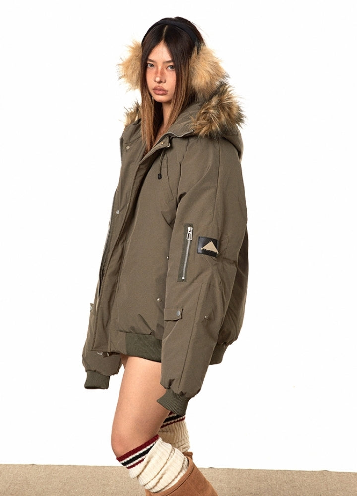BLACK BB】Fur hoodie design gimmick zipper silhouette jacket 