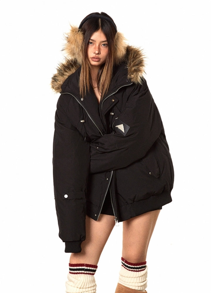 【BLACK BB】Fur hoodie design gimmick zipper silhouette jacket  BK0061